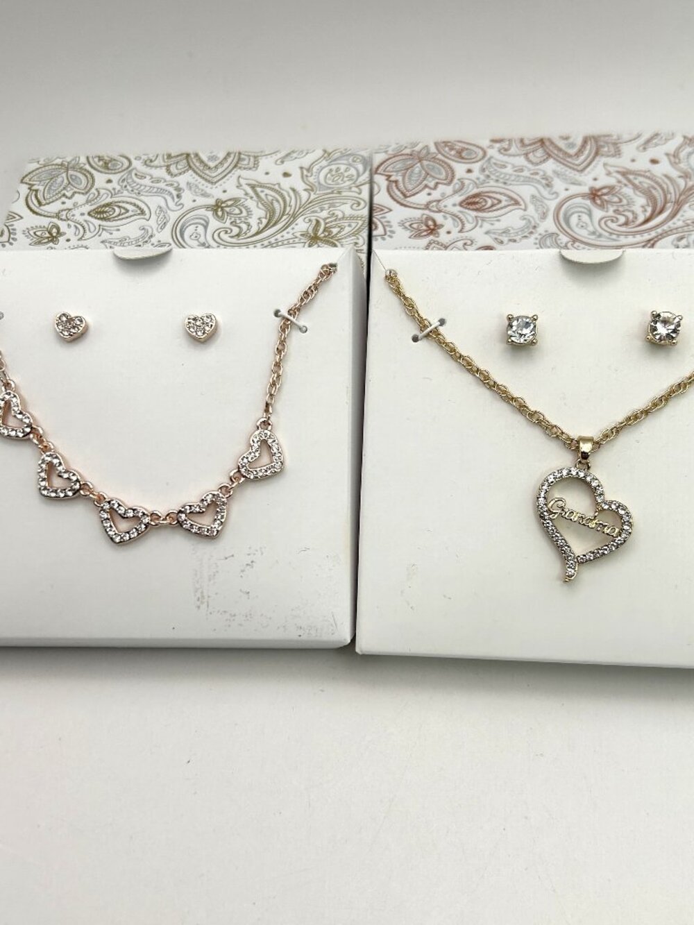 2 Rhinestone Necklace Earring Sets Grandma Heart Rose Gold Tone Original Box